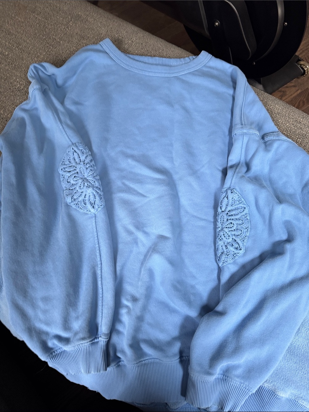 aerie Light Blue Crewneck Sweater with Lace Elbow Patches